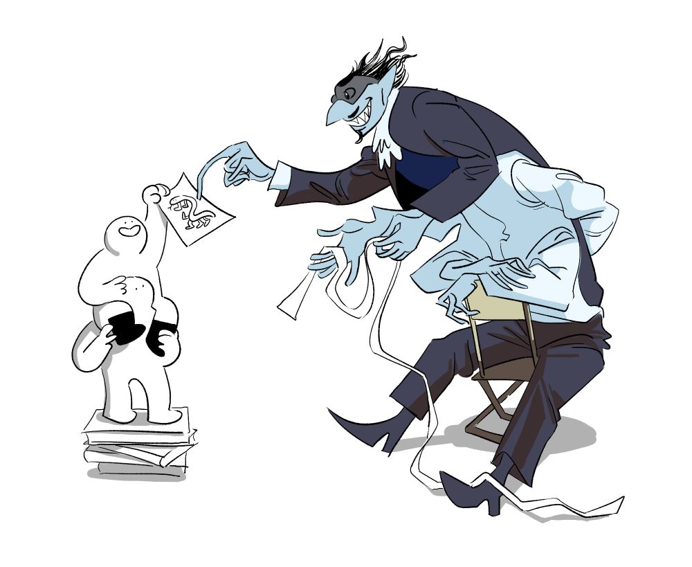 Two kids that look the same except for one wearing boots. The boots kid sits on the other's shoulders, the two of them perched on a pile of books. The one on top holds out a drawing of a snake with feet to a person wearing a black suit jacket and ruffled collar. He has light blue skin, a goatee, moustache, grey goggles, and slicked back black hair. He sits backwards on a chair and points at the drawing with one of this six arms. Another two hold a long strip of paper like a receipt. He has a very long torso.