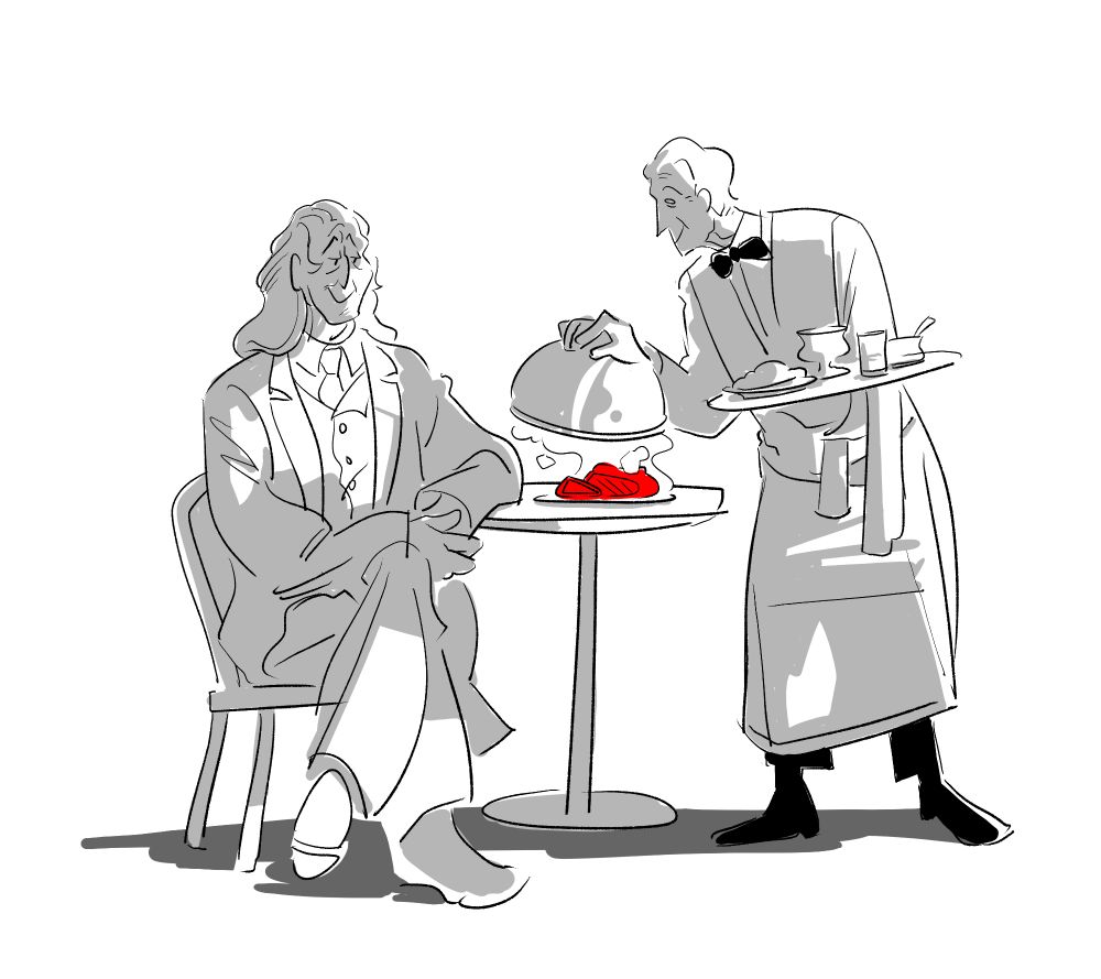 Digital illustration: An old man with long hair smiling and sitting at a cafe table. He wears a long coat, a vest, and a tie. On the other side of the table stands another old man with short hair. He is smiling and dressed as a waiter. He lifts a cloche to reveal red meat.