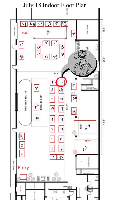 A top down indoor floor plan of Site B Community Centre. Pim is located at table 14, near the middle of the floor next to the turf.