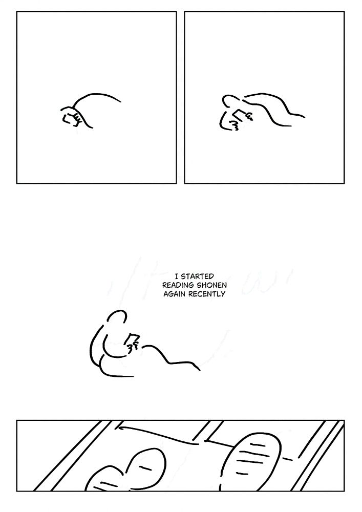 Panel 1: Very minimal lines representing the person under their blankets, looking at their phone.
Panel 2: The person starting to sit up.
Panel 3: The person looking at their phone with the blankets on their lap.
Text: I started reading shonen again recently.
Panel 4: Close-up of the phone screen with speech bubbles and comic panels.