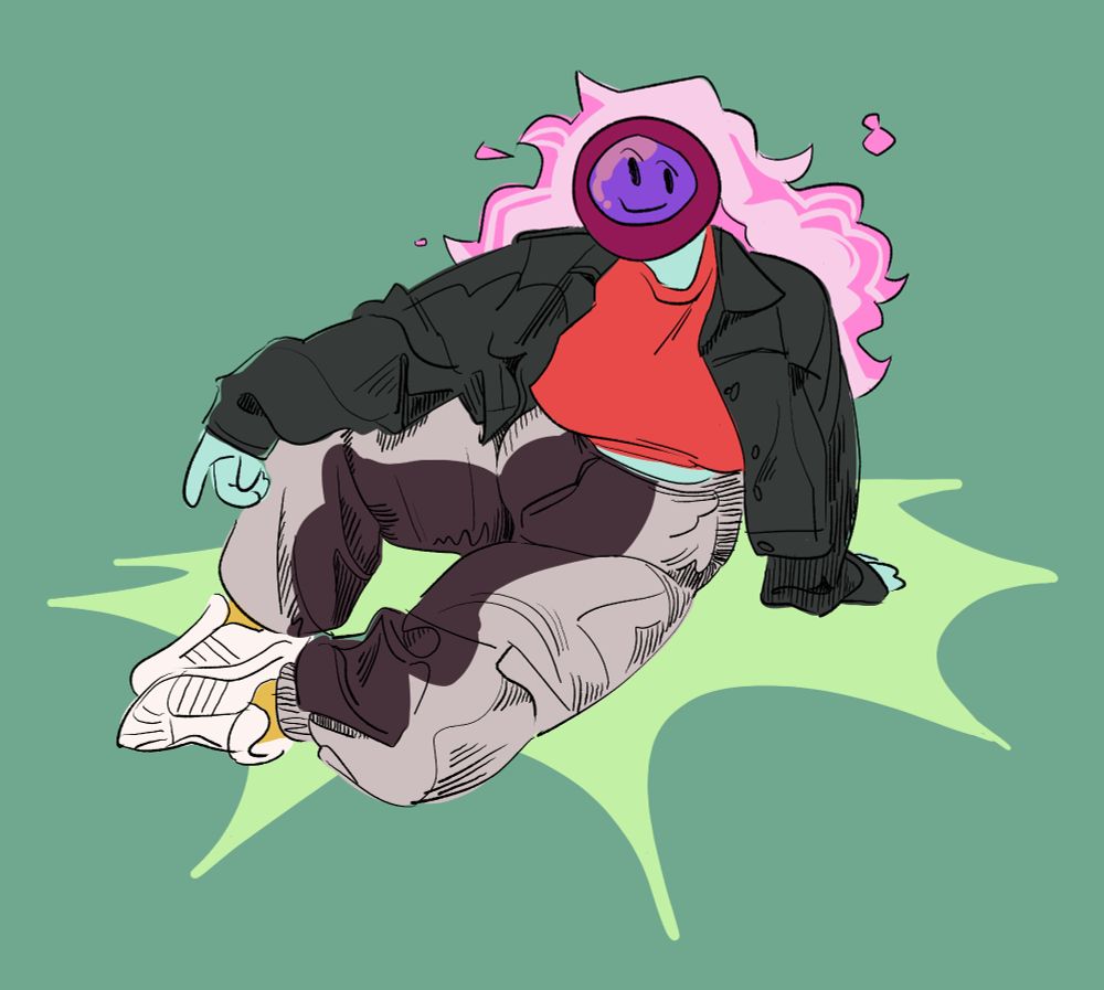 A superhero girl character sitting on the ground. She has a purple orb head and long pink flame hair. Her skin is blue and she wears a black leather jacket, red shirt, white sneakers, and grey and black pants. She sits on a green spiky pattern.