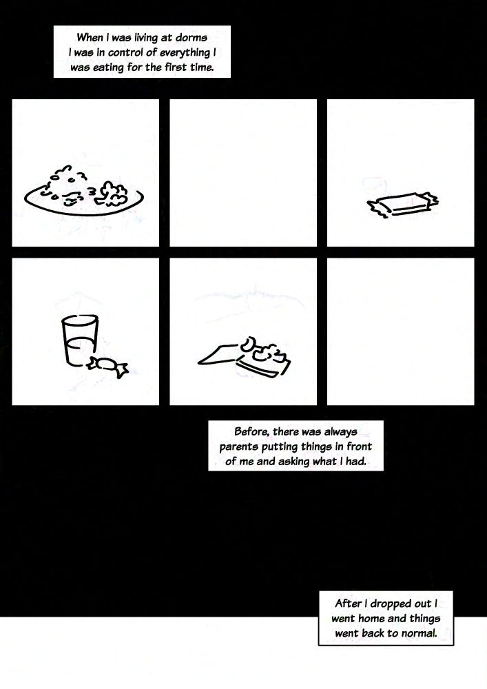 Black and white comic with simple digital drawings. Text: When I was living at dorms I was in control of everything I was eating for the first time. Panel 1-6: Small amounts of food in each panel representing meals, some panels are blank. There is a glass of water with a candy, an energy bar, some chips on a napkin, a plate of rice and broccoli... Text: Before, there was always parents putting things in front of me and asking what I had. Text: After I dropped out I went home and things went back to normal.