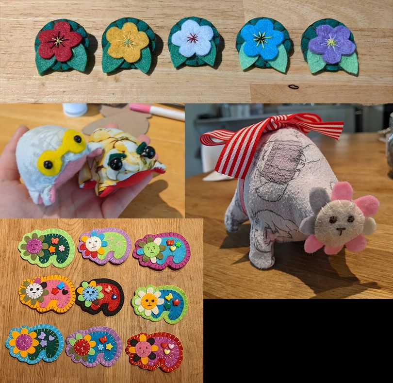 Pictures of different colour flower felt pins, flower head creature pins, plush frogs, and colourful pig cat plushes.