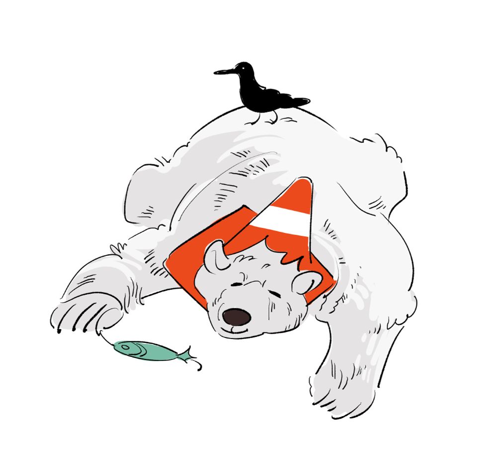 Digital drawing: A polar bear laying on his front with a happy expression. It wears a ripped orange traffic cone around it's neck. A fish lure is snagged on one of it's fingers. A black bird walks on his back.