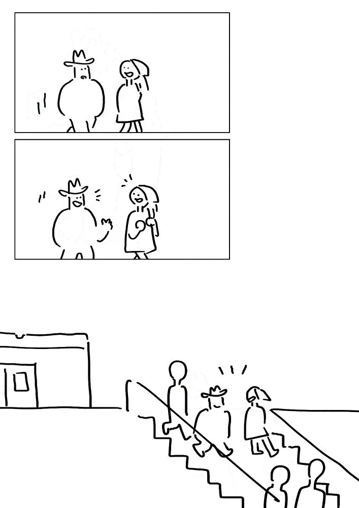 Panel 1-2: Pim and the girl walking together and talking. They smile.
Panel 3: The two conversing within the crowd as they descend down a set of stairs connected to the skytrain platform.
