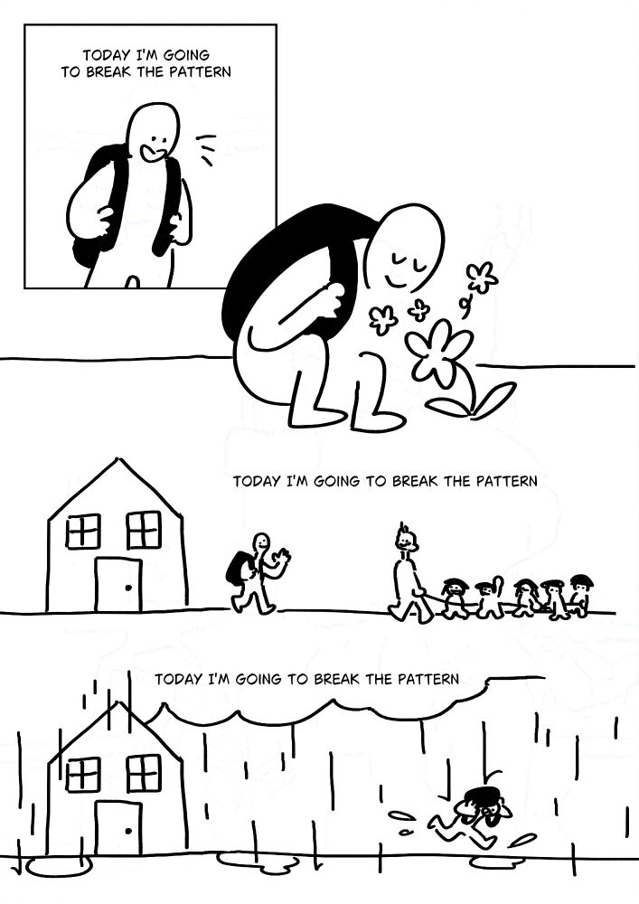 Black and white comic with simple digital drawings.
Text: Today I'm going to break the pattern.
Panel 1: A person wearing a black backpack smiling as they notice something on the ground.
Panel 2: The person crouched on the ground, smelling a flower.
Text: Today I'm going to break the pattern.
Panel 3: The person waving to a teacher and the line of kids walking behind them.
Text: Today I'm going to break the pattern.
Panel 4: The person running down the same street but now it's raining. They have their backpack held over their head.