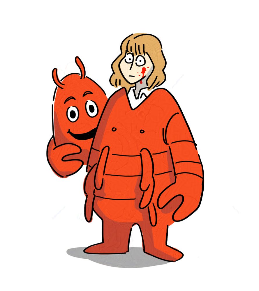 Digital drawing of Katie Marovitch. She is wearing a red lobster mascot outfit with the head piece under one arm. She stares with a wide-eyed blank expression at the onlooker, a splotch of blood on her cheek.