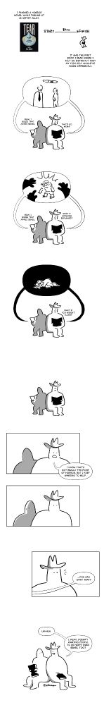 Black and white comic with simple digital drawings.
Text: I finished a horror novel while tabling at an artist alley.
Panel 1: The cover of the novel "Tear" by Erica Mckeen. The title covers up half of a person's face, showing only the mouth and nose which are blue.
Panel 2: A start to finish timeline labeled "8hrs." Pim sits reading a book at the finish.
Text: It was the first book I read where I felt so distinctly that my teen self would've taken differently.
Panel 3: Pim sitting back to back with their teen self, reading the same book. A speech bubble shows a man with a tie talking to a woman touching her stomach. A positive pregnancy test floats above them. Teenage Pim's face can't be seen, they say, "Yeah, I guess that makes sense." Adult Pim frowns and says, "That's so mean!"
Panel 4: The book now shows a small girl crying and shouting as she's reached for by multiple hands.
Teenage Pim says, "Yeah, I guess that makes sense." Adult Pim says, "What if someone explained?"
Panel 5: The book shows a girl with long hair lying down curled up in the darkness, a single eye visible.
Panel 6: The two sit back to back, adult Pim frowning.
Panel 7: Adult Pim says, "I know that's not really the point of horror, but I keep wanting to help."
Panel 8: Teenage Pim turns slightly, their eyes can be seen glancing over.
Panel 9: Teenage Pim saying, "...You can want that?" and catching adult Pim's attention.
Panel 10: The two sitting holding their closed books. Adult Pim smiles and says, "Uh-huh. I mean, doesn't wantng people to be happy make sense, too?"
Watermark: @yeehawpim