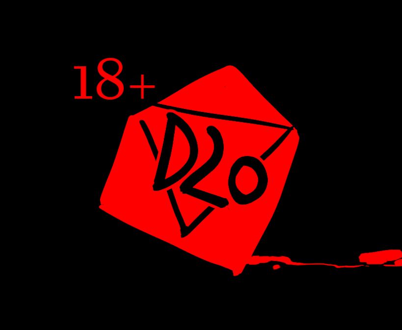 Digital illustration of a stylized red 20 sided dice in darkness. It trails some blood on the ground and is labeled "D20." An 18+ sign is beside it.