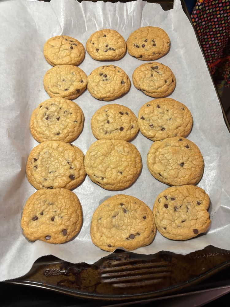 A pan of chocolate chip cookies