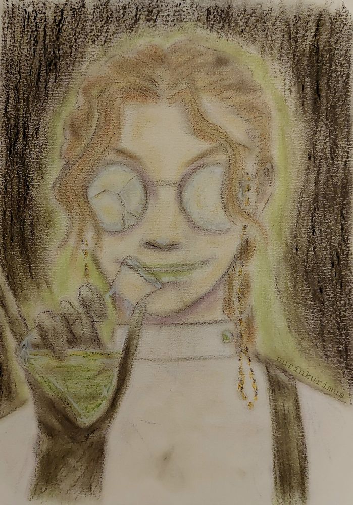 Oil pastel illustration of Scheele who belongs to Ura. She's a mad scientist and is holding a conical flask filled with poison with a gloved hand. Her glasses have a cracked lens and there's a green aura around her, the rest of the background is black.