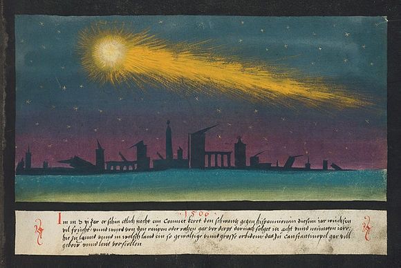 A 16th century illumination from The Augsburg Book of Miracles, showing Halley's Comet shining as it flies through the night sky.