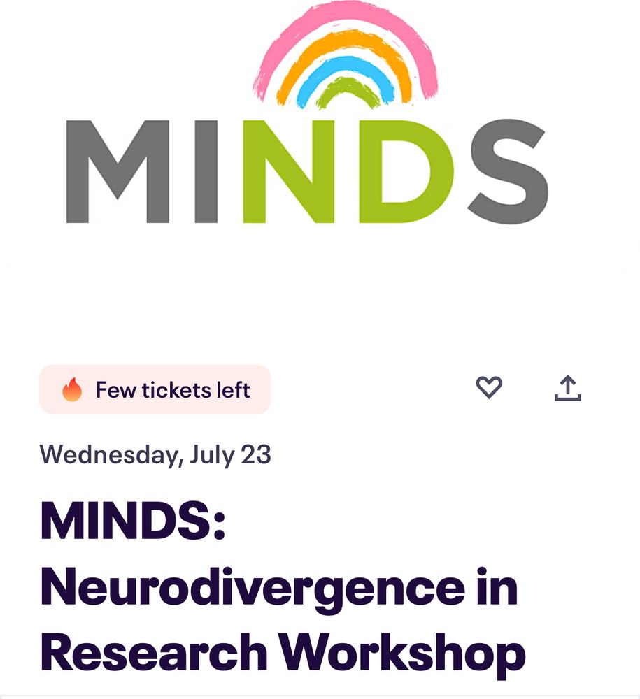 MINDS logo, followed by text “MINDS: Neurodivergence in Research  Workshop” on Wednesday July 23. Few tickets left!