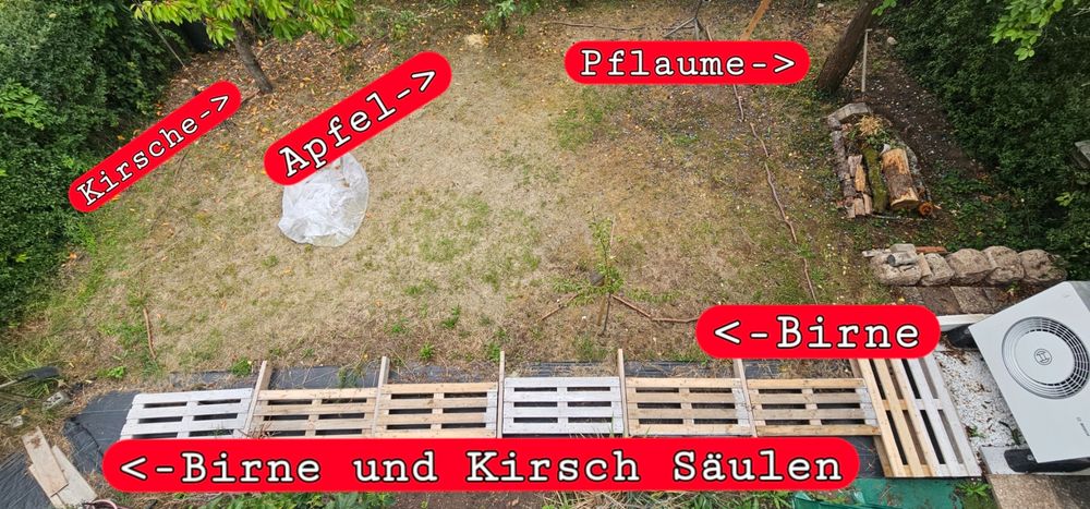 Garten von oben, mit Beschriftung der Bäume.