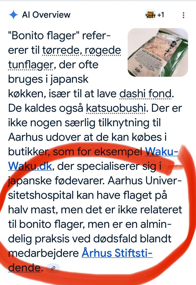 Googles AI svar på Bonita flager Aarhus:

"Bonito flager" refererer til torrede, rogede KATSUOBUSHI tunflager, der ofte bruges i japansk kokken, isæer til at lave dashi fond.
De kaldes ogsà katsuobushi. Der er ikke nogen særlig tilknytning til Aarhus udover at de kan kobes i butikker, som for eksempel Waku-Waku.dk, der specialiserer sig i japanske fodevarer. Aarhus Universitetshospital kan have flaget pa halv mast, men det er ikke relateret til bonito flager, men er en almindelig praksis ved dodsfald blandt medarbejdere Ärhus Stiftsti-dende.