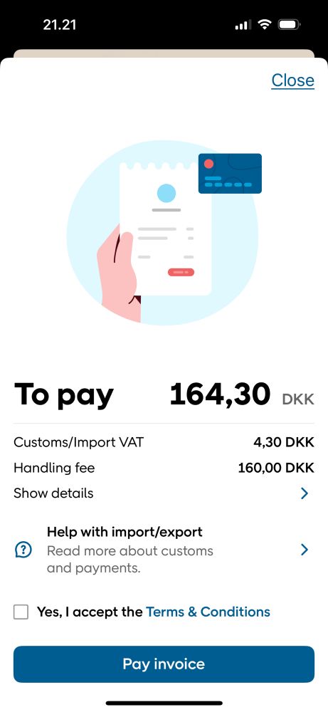 En post nord opkrævning, 4,3kr i told/import moms og 160 i gebyr.