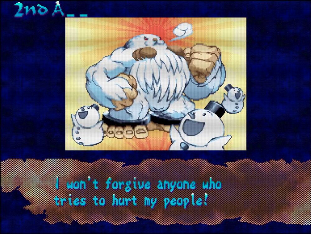 The original scene of Sasquatch's ending from the video game Vampire Savior. A proud Sasquatch is standing in a heroic pose, surrounding by cute little snowmen. Text below the image reads "I won't forgive anyone who tries to hurt my people!"