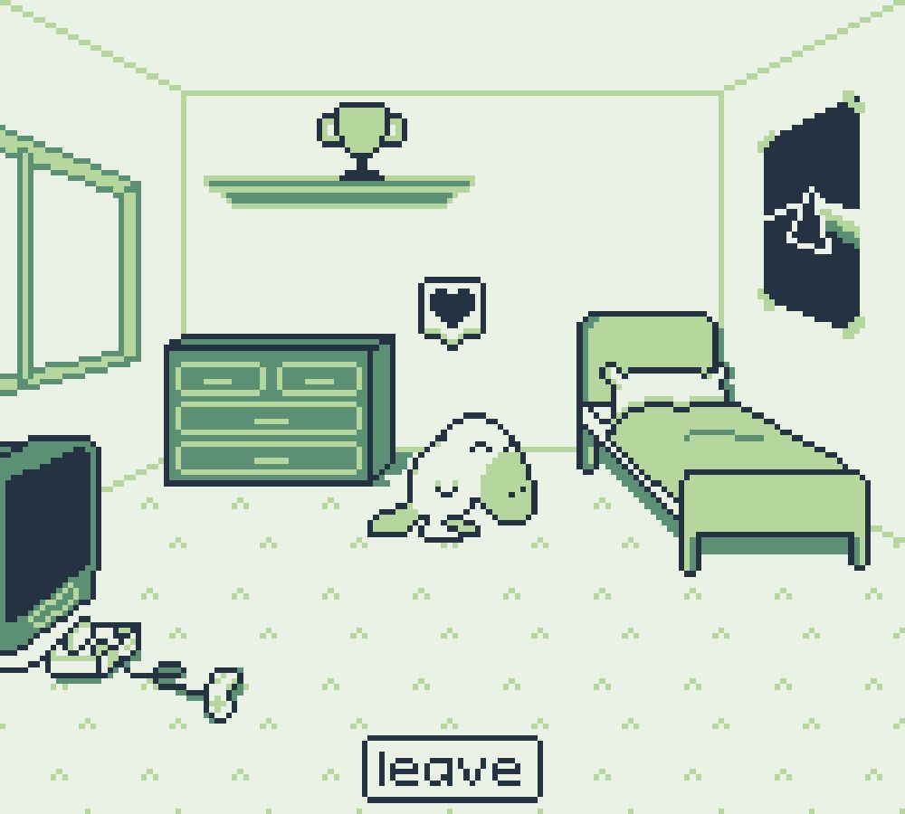 A screenshot from a monochromatic gameboy-like game. We see the inside of a child's bedroom, with a bed, dresser, and trophy visible. On the wall is a poster for what can only be Pink Floyd's The Dark Side of the Moon, and in the corner there is a television with a video game console plugged into it. In the center of the room is a platypus-like creature, its eyes squinting with delight while a speech bubble containing a heart floats above it.