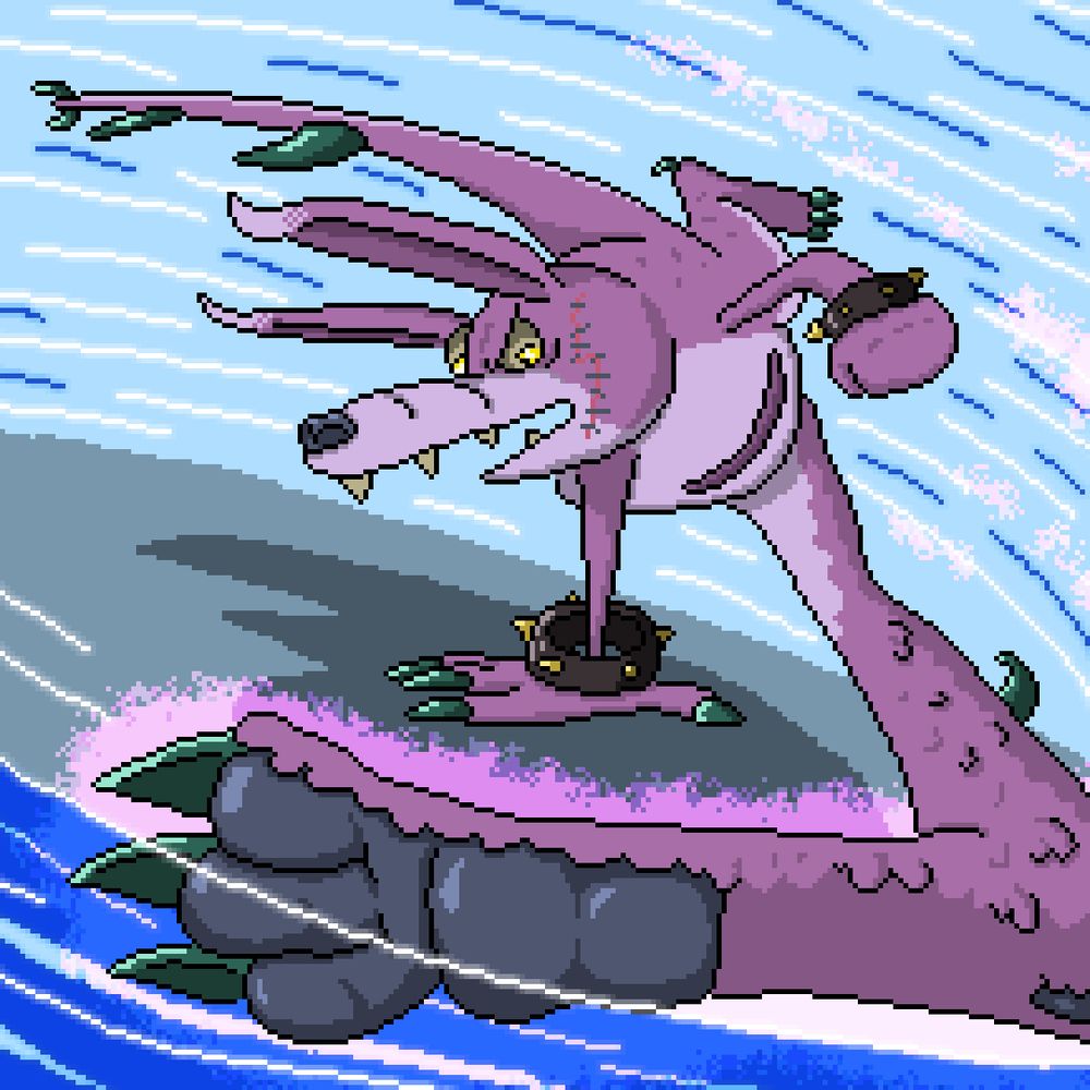 A kangaroo-like monster performing a vicious spinning kick attack. It has a gnarly scar on its cheek and wears spiked bracelets on its hands, implying how badass it is. It spins so fast that the background is merely a blur of blue-white lines, and its long tail and ears trail behind its body.