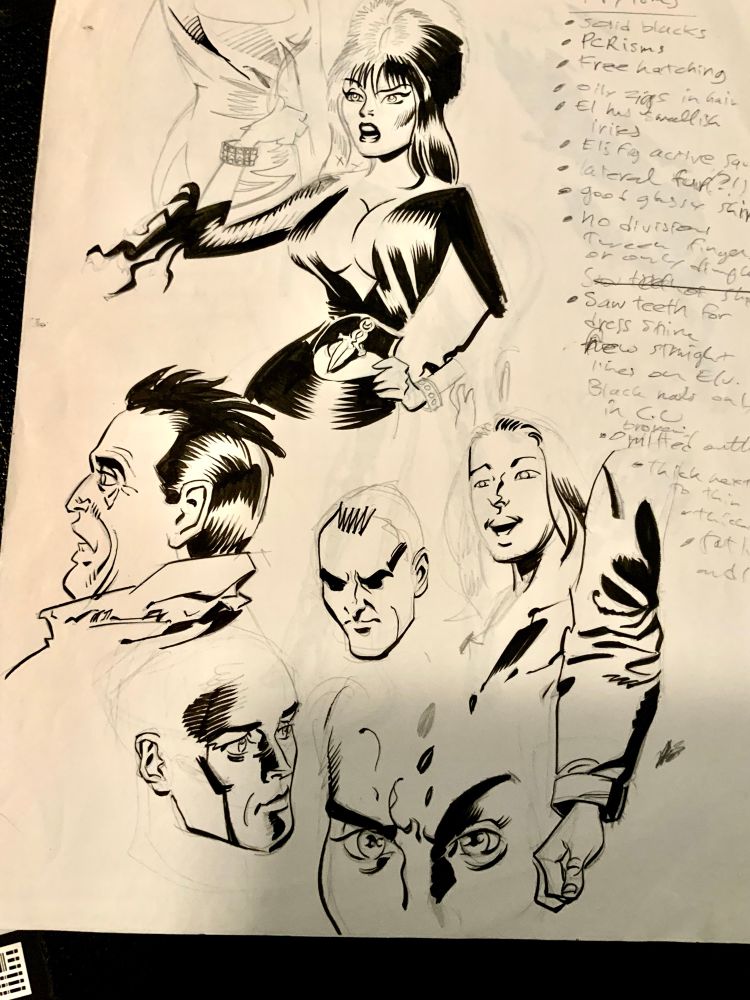 Inked sketch of a partial Elvira figure plus a few male heads. (Inking warmup/style experiments)