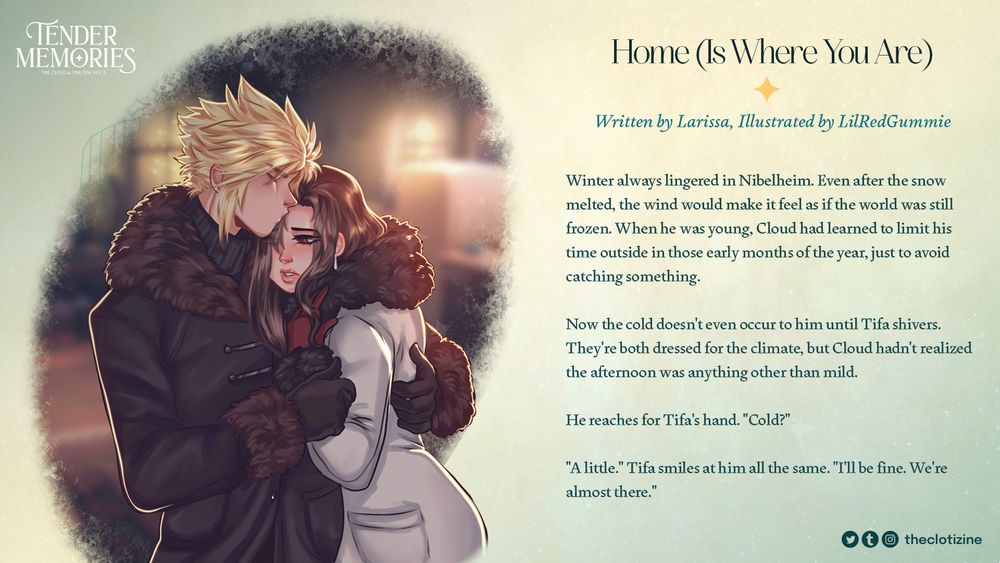Preview image for FF7 fic "home is (where you are)". Includes an illustration by LilRedGummie and the opening paragraphs of the fic.