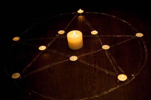 Candles arranged in a pentagram on the floor
