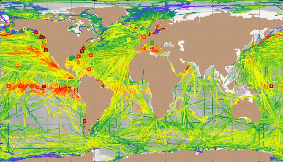Map showing the surface ocean CO₂ from ships, drifters and autonomous surface platforms and moorings for all data in SOCAT version 2025, coloured by fCO2 concentration (scale not shown).