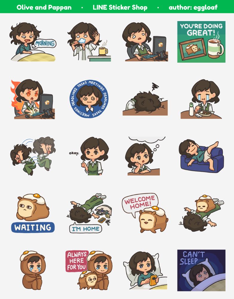 Preview image of stickers 21 through 40 of the sticker set Olive and Pappan, which can be purchased through the LINE Sticker Shop. Olive is a frazzled office worker and Pappan is a mysterious bread creature who is Olive's faithful friend.