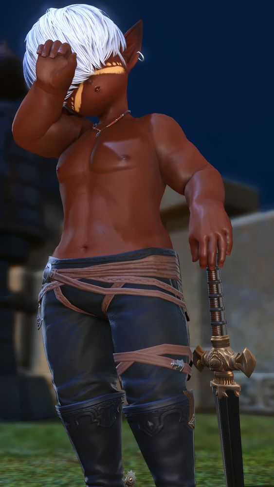 the same lalafell, now resting after training, wiping sweat from their forehead, and leaning one hand on their sword now planted in the ground. it has a brass hilt and a black blade.

the lalafell themselves are wearing black trousers with brown leather strips tied around the waist, and the left knee, a small necklace, a silver earring, and they are wearing a pair of black boots that have spurs attached.