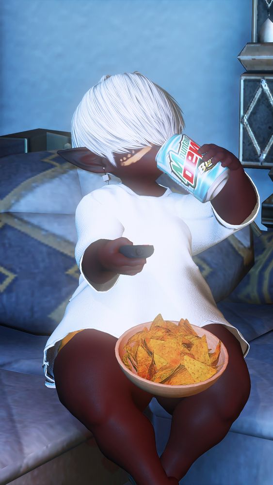 a lalafell wearing an oversized t-shirt is drinking a mountain dew and watching television with a bowl of chips in their lap while sitting on a couch