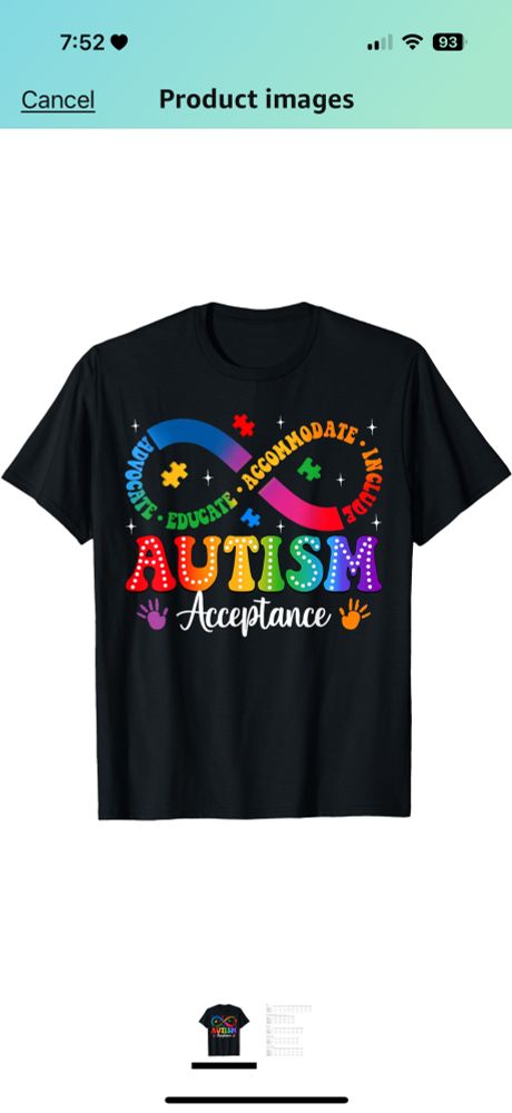 Black shirt with a rainbow infinity symbol comprised of the words advocate, educate, accommodate, educate. The word autism is in a large, rainbow font with white dots inside and underneath acceptance is written. There are puzzle pieces and paint handprints around. 