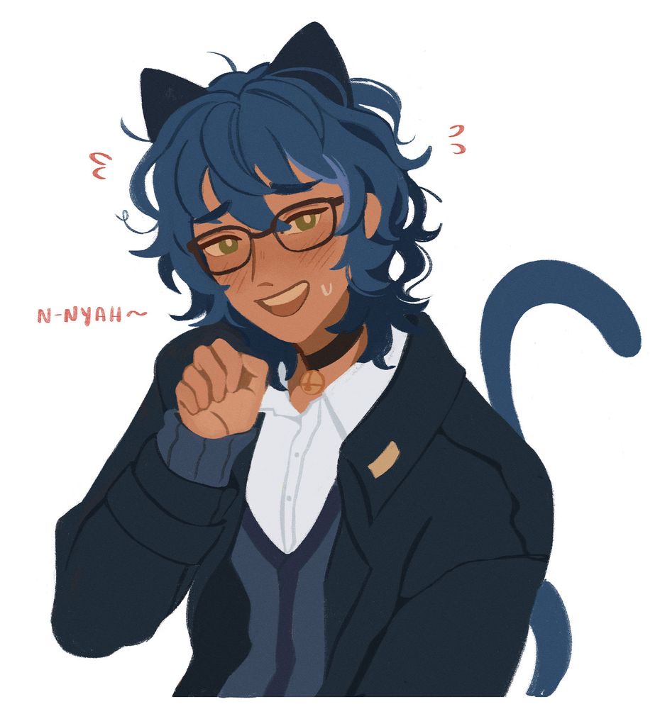 Drawing of Tsumugi Aoba from Ensemble Stars. Left hand is raised into a fist near his face while he looks up at you, slightly embarrassed. He is wearing cat eyes and has a tail. Text beside him states "N-Nyah~"