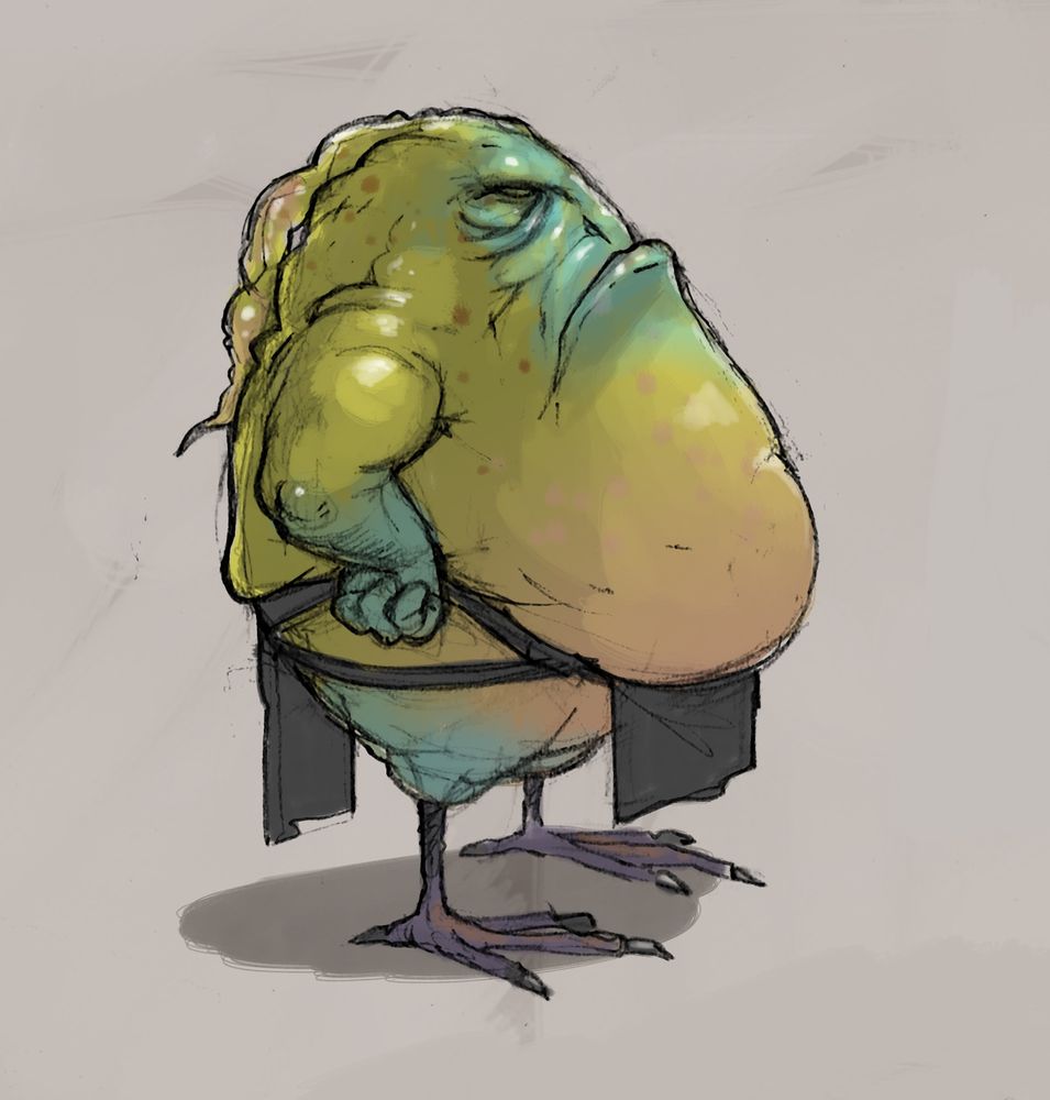 A fat green grumpy alien with birds feet wearing a loincloth and with his hands on his hips. 