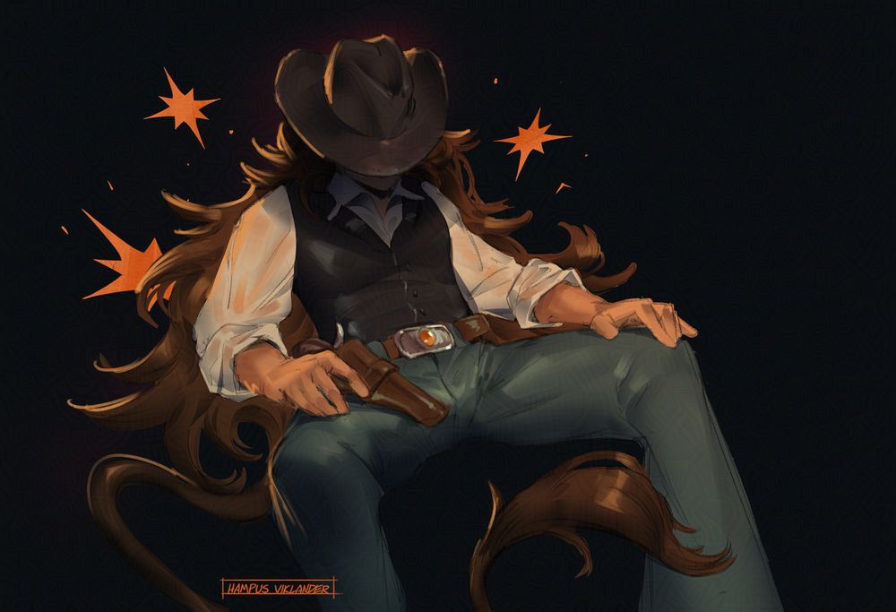Coloured digital drawing of Helenas's character Pasha, lounging back, cowbot hat covering their face and brandishing a holstered revolver by their hip