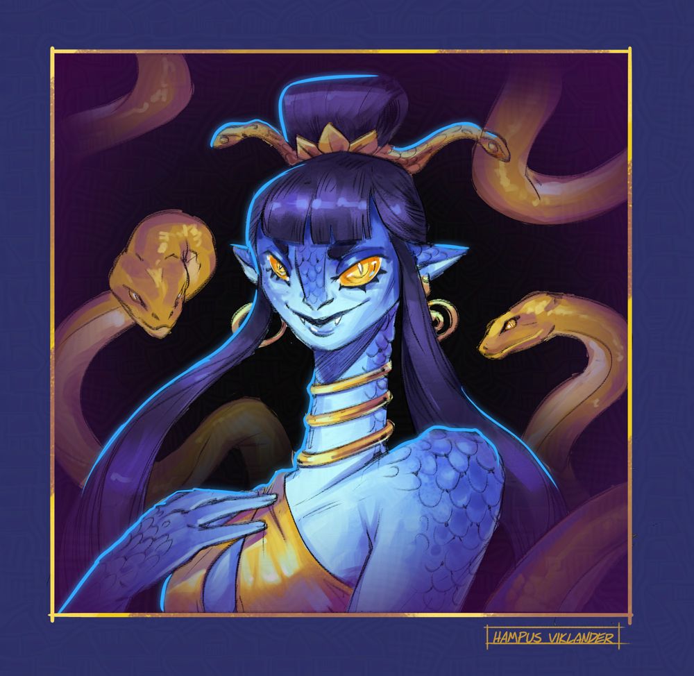 Bust sketch of a blue snake-like woman wearing a gold dress, with matching gold jewelry around her neck, in her hair and hanging from her ears. The background is fulled up by a pair of golden snakes. 