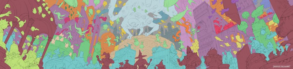 Digital colour mask blockout of a packed cityscape filled with fantastical and odd fantasy creatures. 