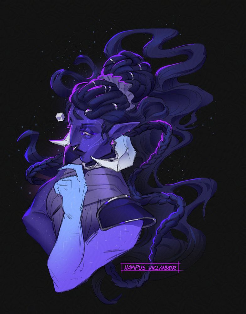 Coloured digital drawing of Myr's character Falenarel. They've put their left arm underneath their chin, as if pondering something. Behind them their mass of hair float in empty space 