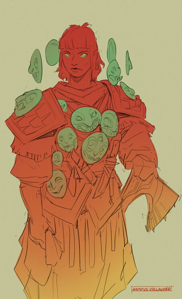 Digital drawing of an armoured adventurer. Several green masks are attatched to their clothing and 5 masks float in the air around her face.
