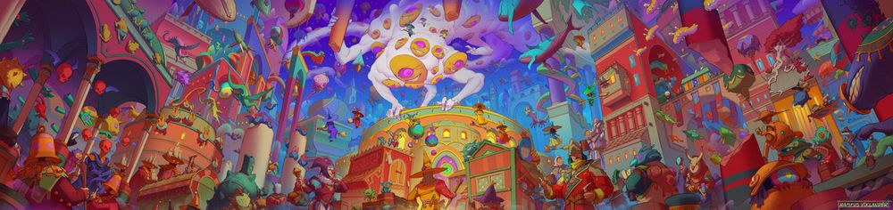 Coloured digital drawing of a packed cityscape, filled with odd creatures ranging from red flying skulls, witches flying on brooms and demons bartering with small gnomes. In its centre is a large worm like figure clad in several golden masks, adorned with purple eyes peers down at the cityscape below