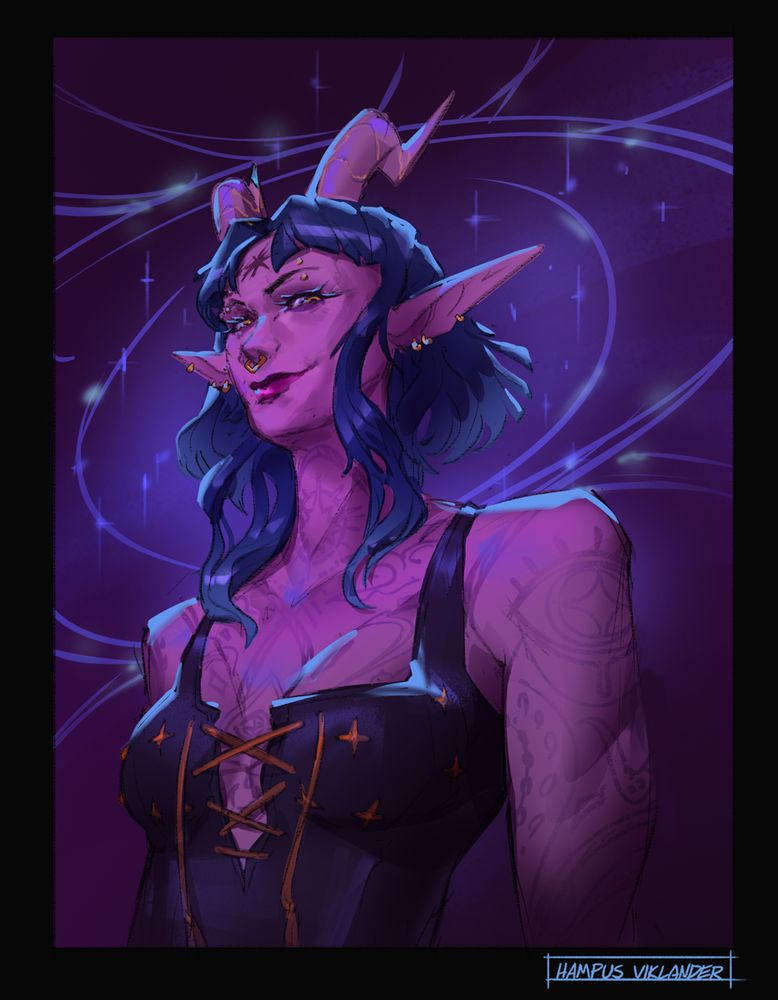 Digital coloured drawing of hiimeyu's character charline. Drawn from her torso up Charline is a tiefling with pinkish skin and is fully covered in tattoos depicting many clouds, eyes and stars. 