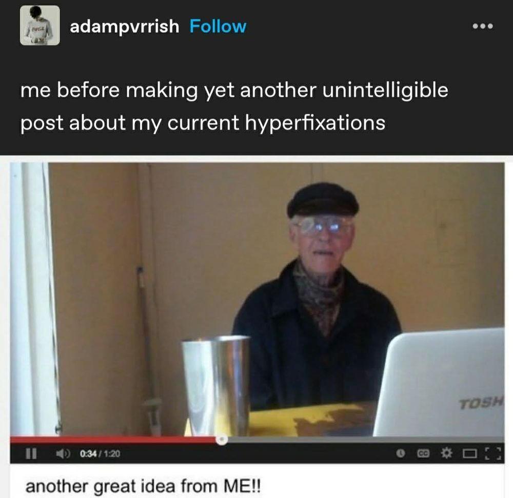 "me before making yet another unintelligible post about my current hyperfixations"

another great idea from ME!!