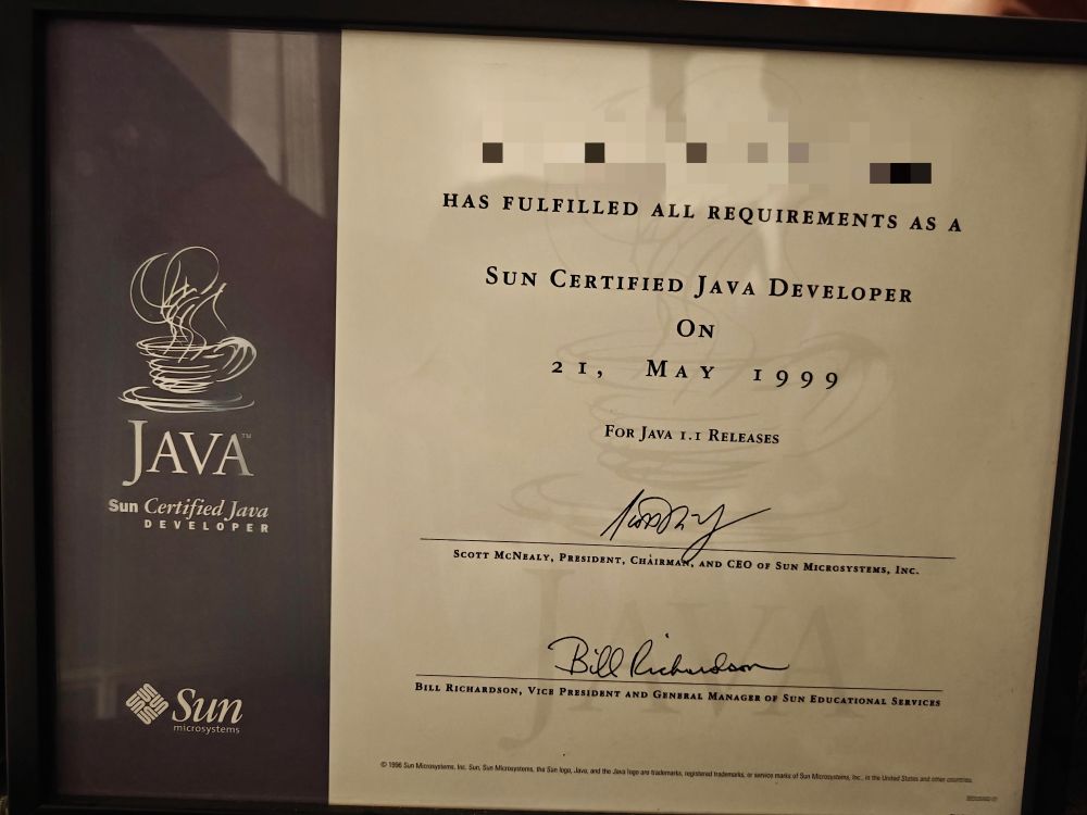 Certified Java Developer diploma. Anno 1999.