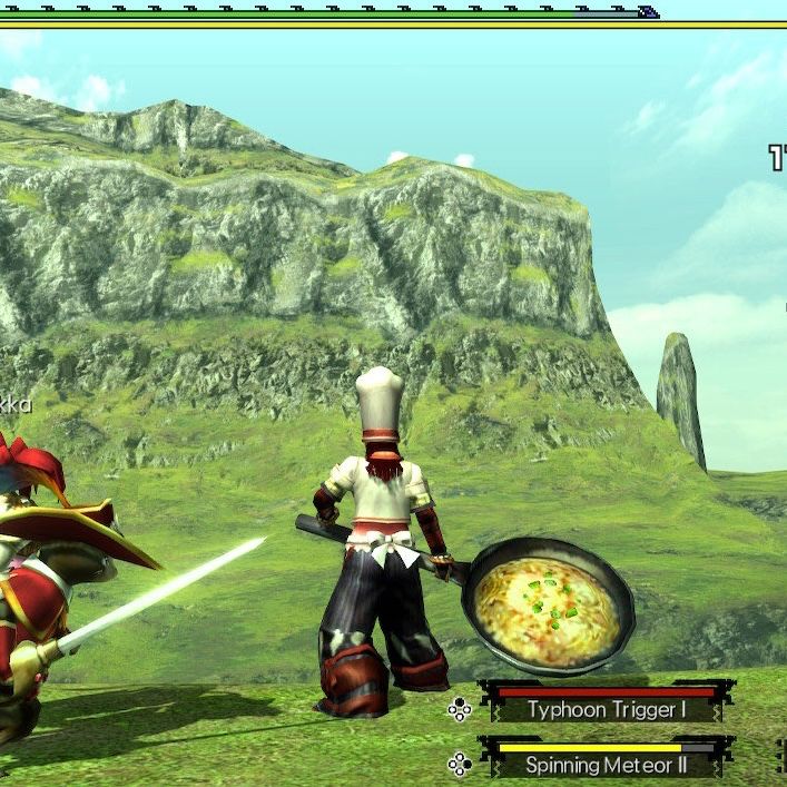 A screenshot from Monster Hunter Generations Ultimate featuring a character in a chef outfit wielding a frying pan as a weapon