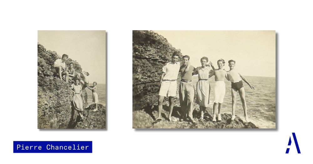 Two black-and-white photos on a white background. In the photo on the left, two young men are sitting on a rock, with a young woman standing in front of them, leaning against the rock. Behind the three of them, a boy or young man is also climbing onto the rock, with a young woman helping him. In the photo on the right, the five of them are standing side by side, arm in arm, smiling at the camera. They are all wearing summer and swimwear. The rock is by the sea, which can be seen in the background. At the bottom left is “Pierre Chancelier” in white lettering on a blue background, and at the bottom left is the logo of the Arolsen Archives.