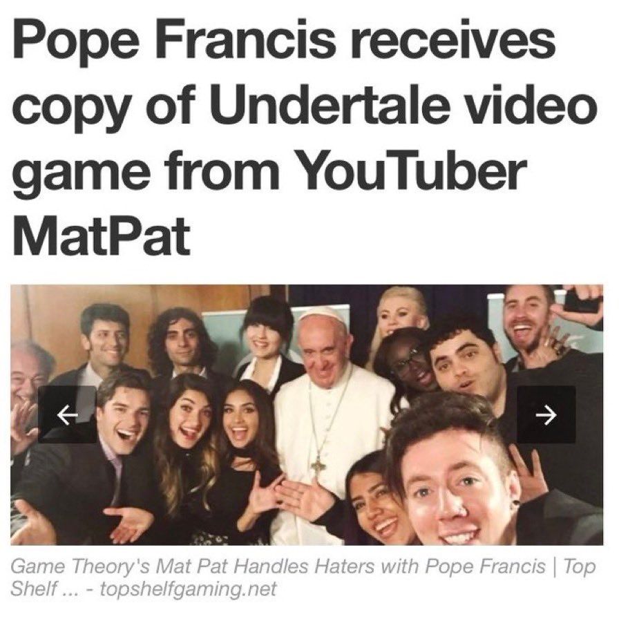 Une Une: "Le Pape François reçoit une copie du jeu Undertale de la part du YouTubeur MatPat". Ci-dessous, une illustration de vidéastes se prenant en selfie avec le pape.