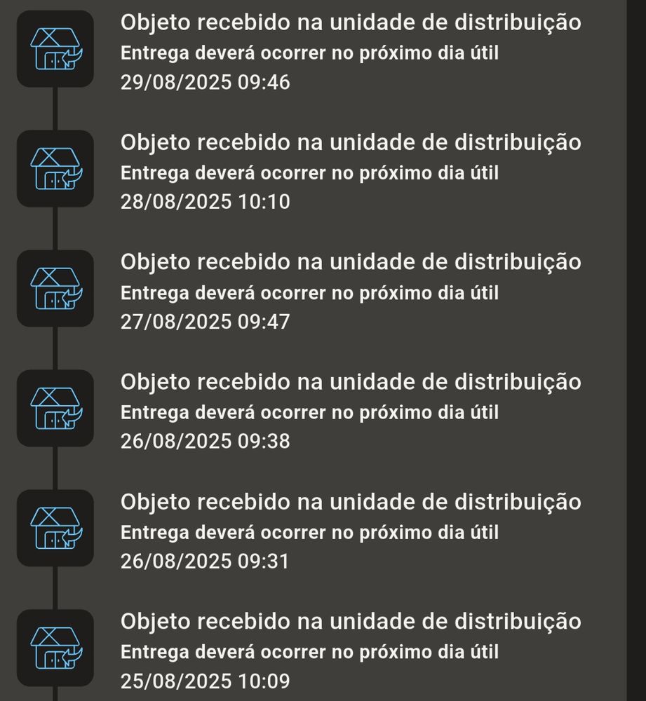 print do aplicativo dos correios me dando a mesma atualização para uma entrega há dias, dizendo que o objetonfoi recebido na unidade de distribuição e que a entrega vai ser feita no dia seguinte, MAS ISSO NÃO ACONTECE NUNCA