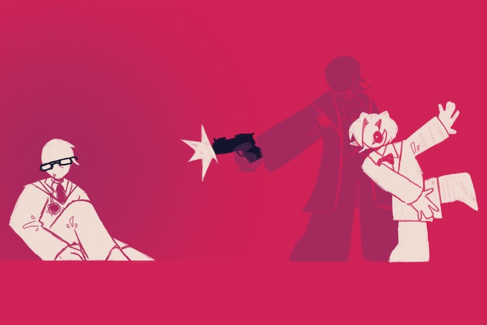 An image of three silhouettes on a bright red background. The one on the left is Gregory Edgeworth, slumped on the floor with a hole in his chest. Semi-transparent and holding a pistol is Manfred von Karma, firing at Gregory. On the right is a young Miles Edgeworth, frozen in the pose of throwing the pistol as he stares wide-eyed at his father's corpse.