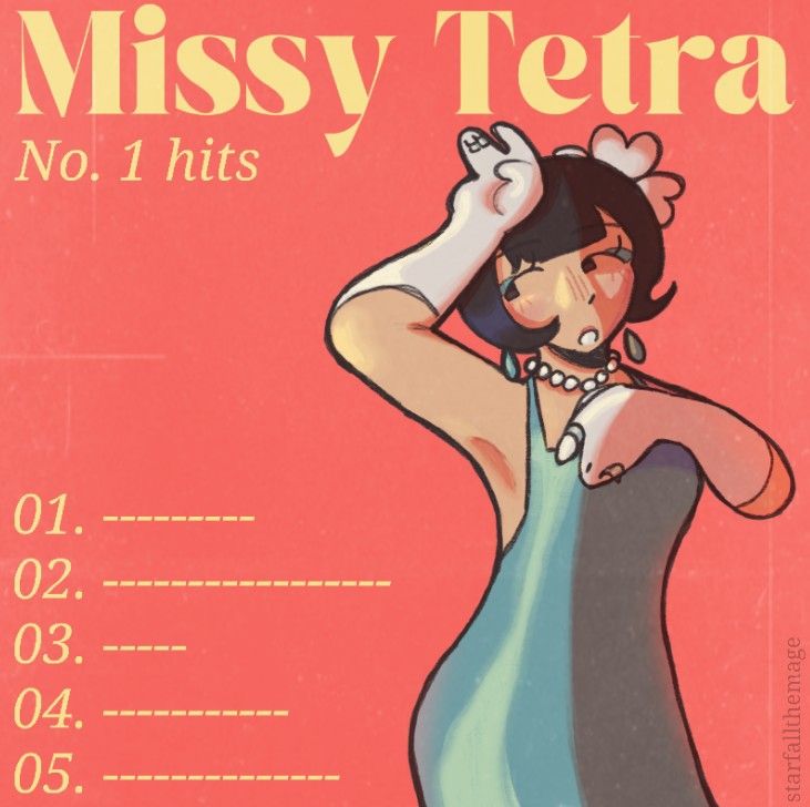 A digital illustration of Human!Missy (a young woman with fair skin and a black bob, wearing a blue dress, white silk gloves, and various pieces of jewelry) on an album cover. The text reads:
Missy Tetra
No. 1 hits