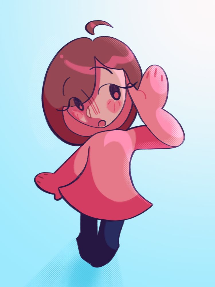 A drawing of the Guest F Mii looking up at the camera in a listening pose.