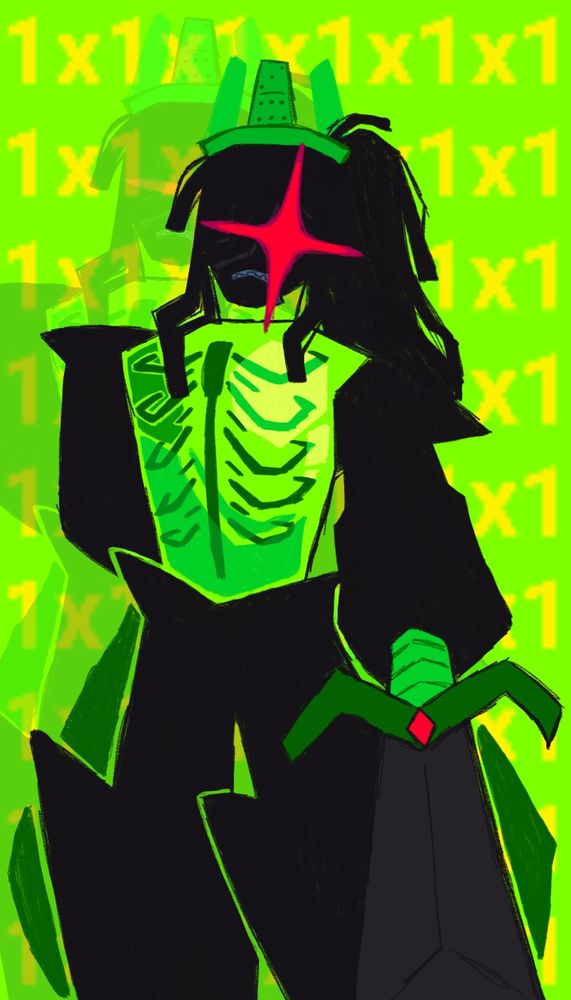 A neon drawing of 1x1x1x1 pointing the Daemonshank at the viewer.